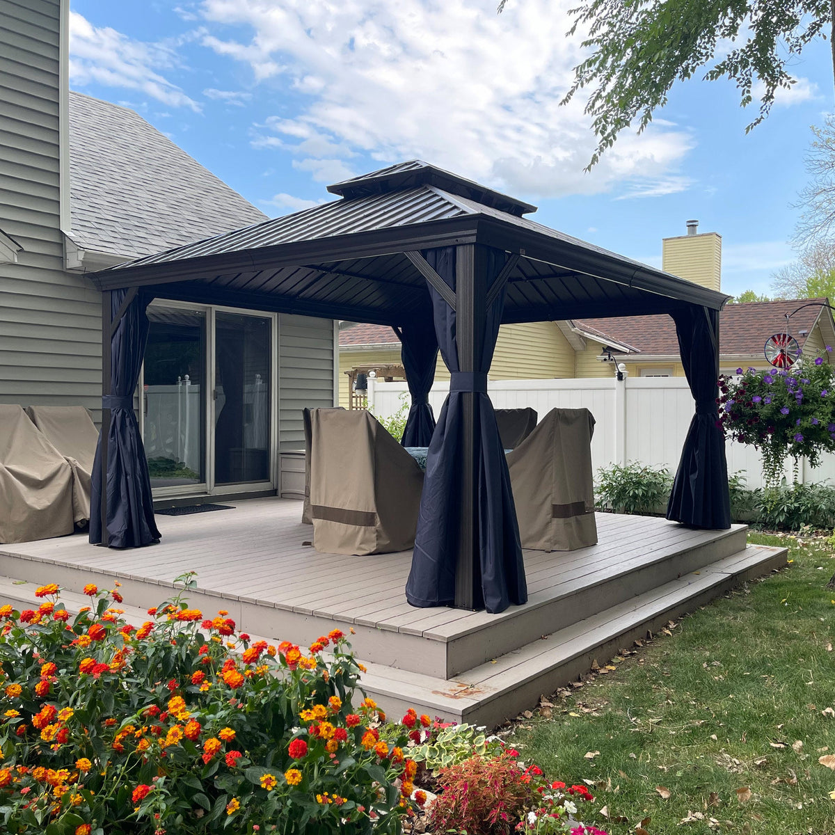 PURPLE LEAF Outdoor Hardtop Gazebo for Patio Bronze Aluminum Frame Pavilion with Navy-Blue Curtain and String Lights-clear