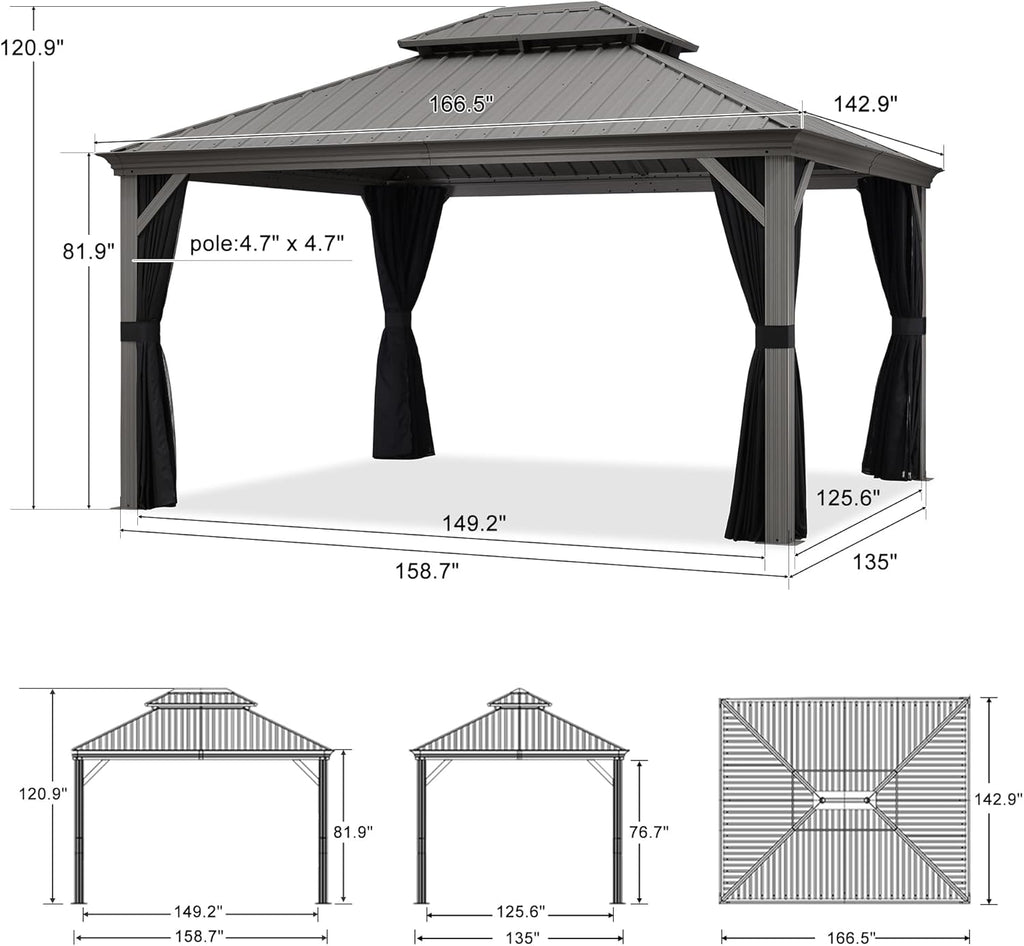 PURPLE LEAF Patio Gazebo for Pool Light Grey Hardtop Galvanized Steel Roof with Reinforcement Support Rod