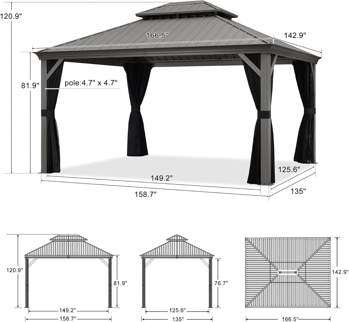 PURPLE LEAF Patio Gazebo for Pool Light Grey Hardtop Galvanized Steel Roof with Reinforcement Support Rod