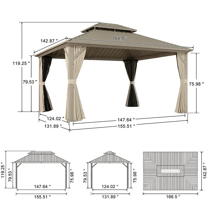 PURPLE LEAF Deck Gazebo Champagne Hardtop Metal Frame Double Roof with Curtains and Netting