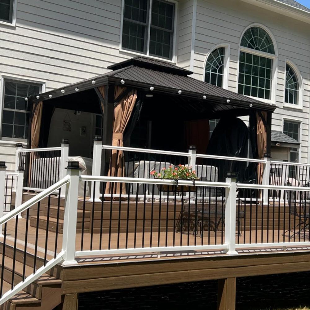 PURPLE LEAF Outdoor Hardtop Gazebo for Garden Bronze Double Roof Aluminum Frame Pavilion with String Lights-milky