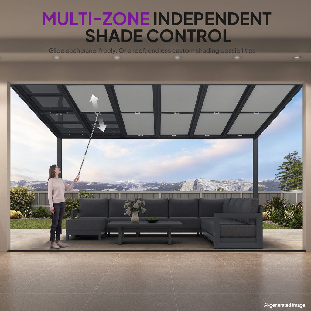 PURPLE LEAF Wall Mounted Gazebo with Gray Polycarbonate Roof Aluminum Frame Patio Cover with Retractable Pleated Shades and LED Strip Light