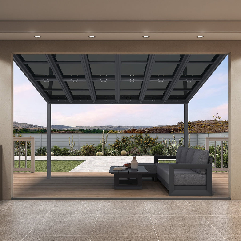 PURPLE LEAF Wall Mounted Gazebo with Gray Polycarbonate Roof Aluminum Frame Patio Cover with Retractable Pleated Shades for Porch