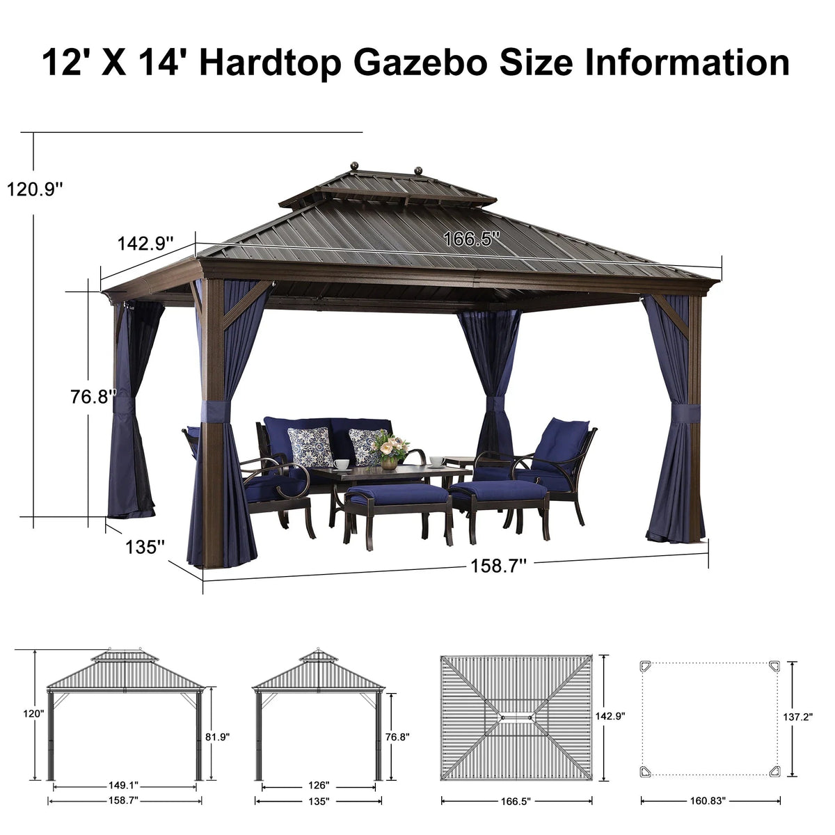 PURPLE LEAF Outdoor Hardtop Gazebo for Patio Bronze Aluminum Frame Pavilion with Navy-Blue Curtain and String Lights-clear
