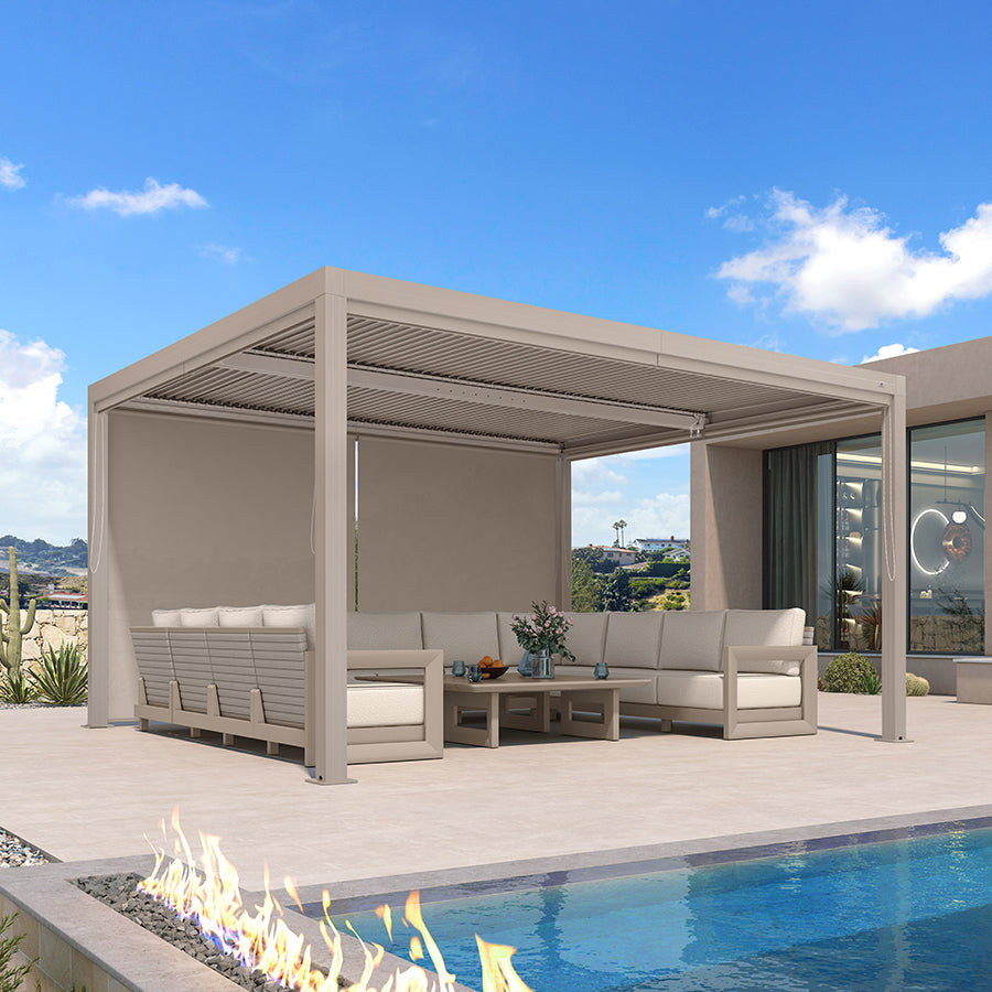 PURPLE LEAF Athena Louvered Pergola Champagne Outdoor Aluminum Pergola with Solid Color Roller Blind Adjustable Gazebo for Patio Deck Garden