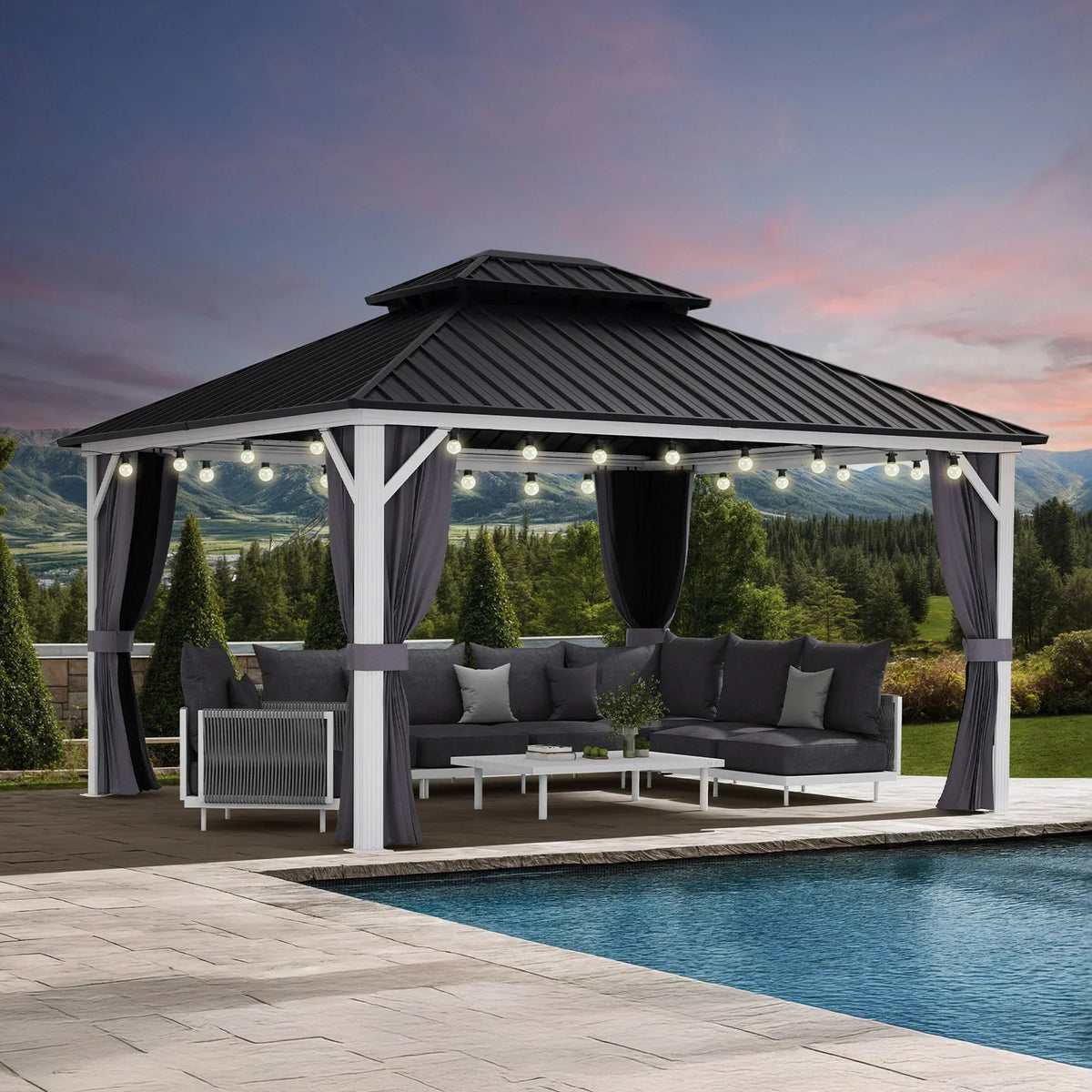 PURPLE LEAF Modern Gazebo Grey Hardtop Galvanized Steel Double Roof White Aluminum Poles with Curtains and Netting with Lights-milky