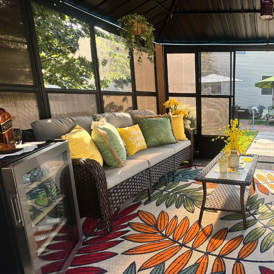 PURPLE LEAF Sunroom Hardtop Gazebo with Wood Grain Columns Black Frame Double Roof Galvanized Steel Solarium All-Weather Screen House