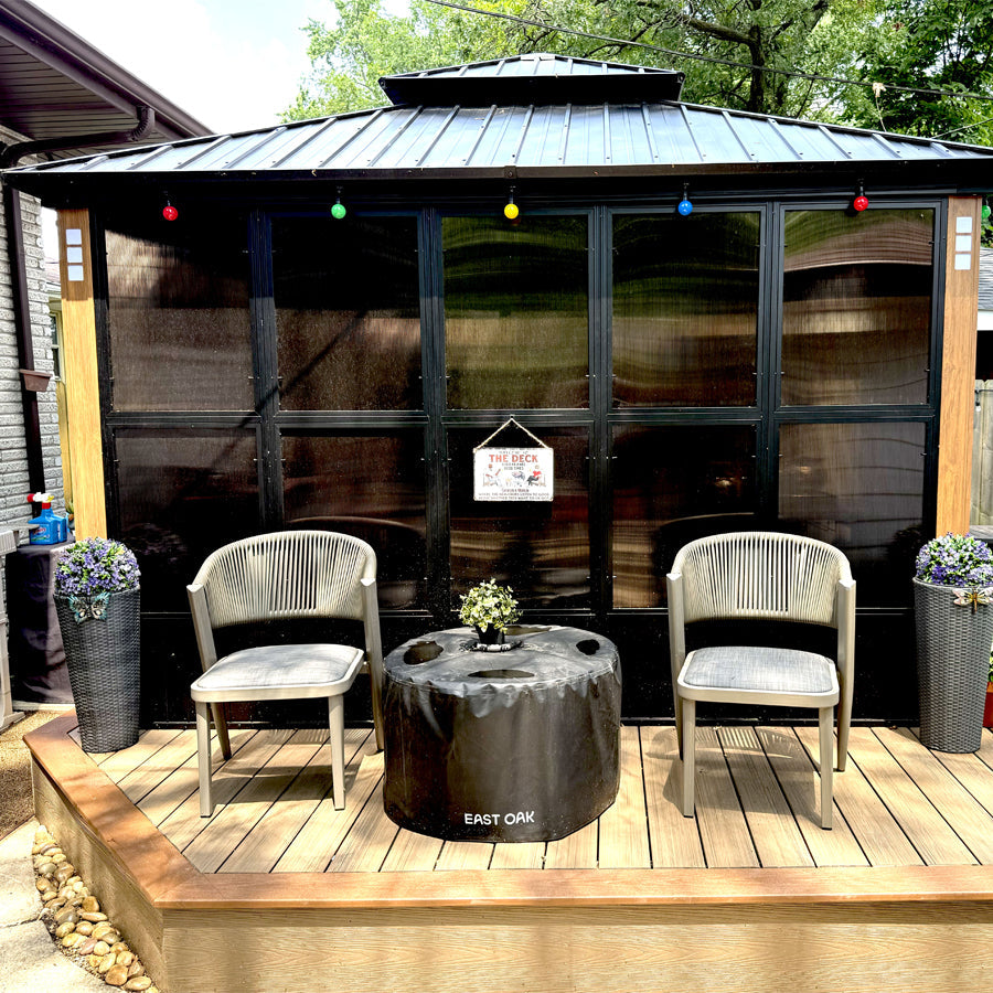 PURPLE LEAF Sunroom Hardtop Gazebo with Wood Grain Columns Black Frame Double Roof Galvanized Steel Solarium All-Weather Screen House with String Lights