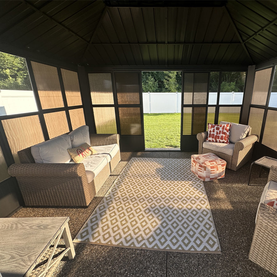 PURPLE LEAF Sunroom Hardtop Gazebo Solarium Grey Galvanized Steel Double Roof  All-Weather Aluminum Outdoor Screen House with String Lights