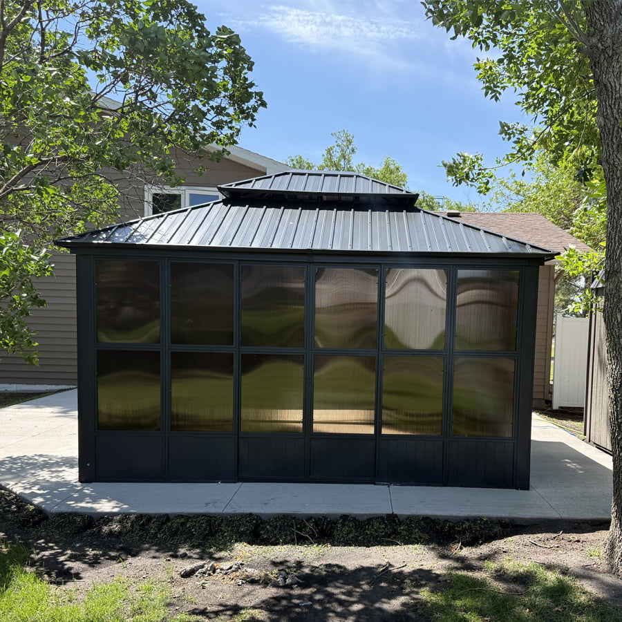 PURPLE LEAF Sunroom Hardtop Gazebo Solarium Grey Galvanized Steel Double Roof  All-Weather Aluminum Outdoor Screen House with String Lights