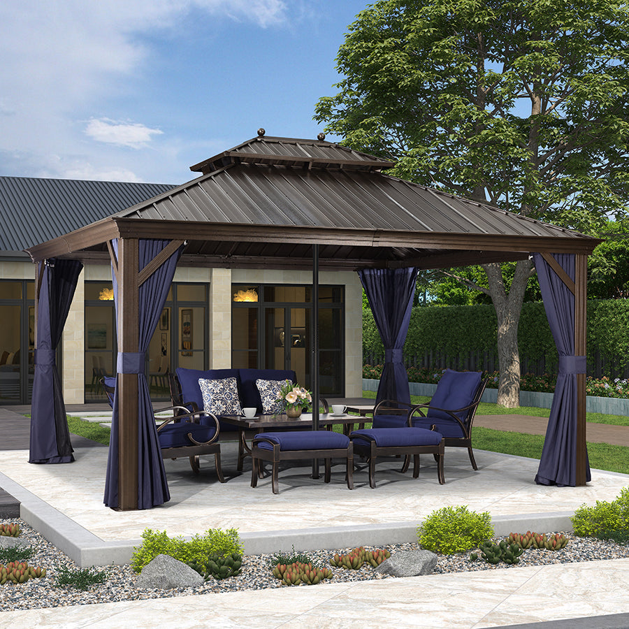 PURPLE LEAF Outdoor Hardtop Gazebo for Patio Bronze Aluminum Frame Pavilion with Navy-Blue Curtain and Reinforced Support Rods