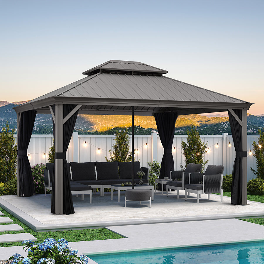 PURPLE LEAF Patio Gazebo for Pool Light Grey Hardtop Galvanized Steel Roof with Reinforcement Support Rod