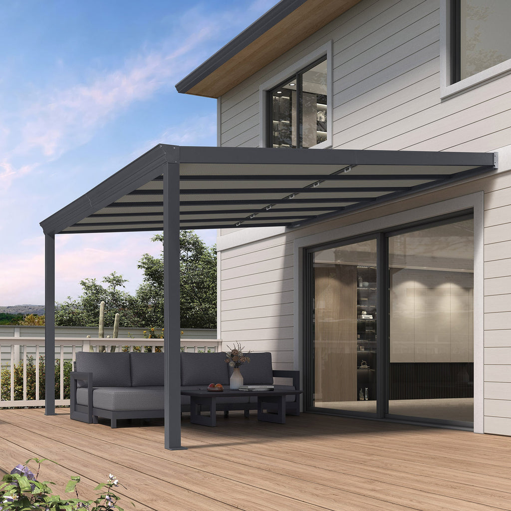 PURPLE LEAF Wall Mounted Gazebo with Gray Polycarbonate Roof Aluminum Frame Patio Cover with Retractable Pleated Shades for Porch