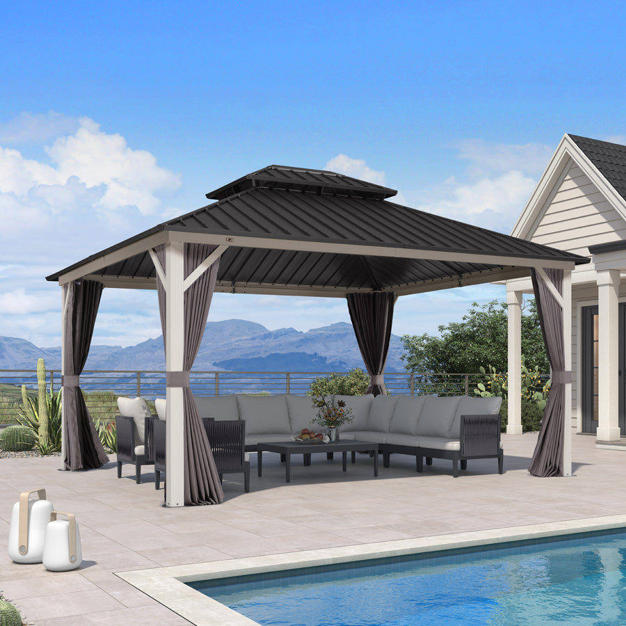 PURPLE LEAF Modern Gazebo Grey Hardtop Galvanized Steel Double Roof White Aluminum Poles with Curtains and Netting