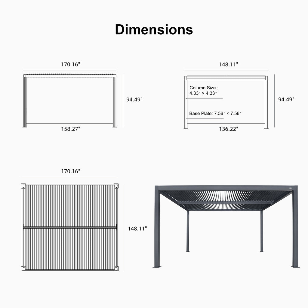 PURPLE LEAF Athena Louvered Pergola Grey Outdoor Aluminum Pergola with Strip Lights Adjustable Gazebo for Patio Deck Garden