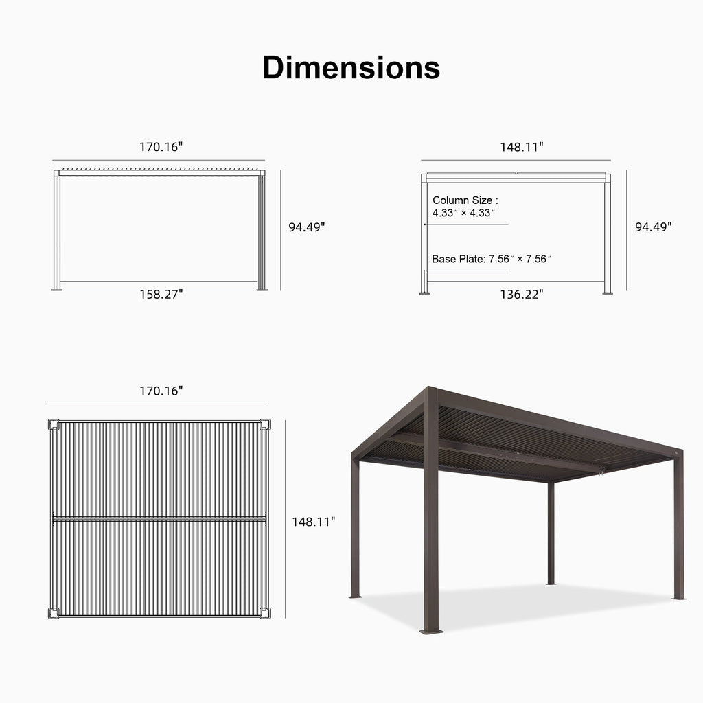PURPLE LEAF Athena Louvered Pergola Bronze Outdoor Aluminum Pergola with Shutter Wall Adjustable Gazebo Rainproof for Patio Deck Garden