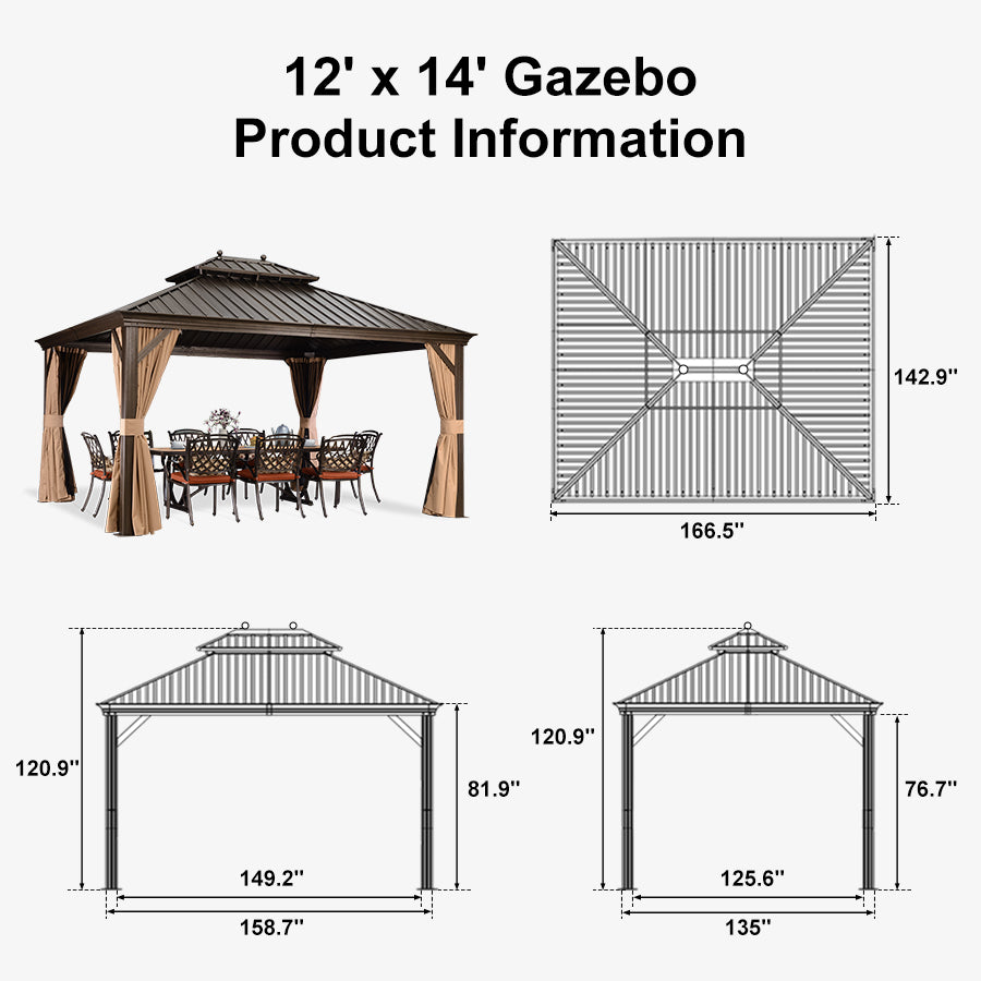 PURPLE LEAF Outdoor Hardtop Gazebo for Garden Bronze Double Roof Aluminum Frame Pavilion with String Lights-clear