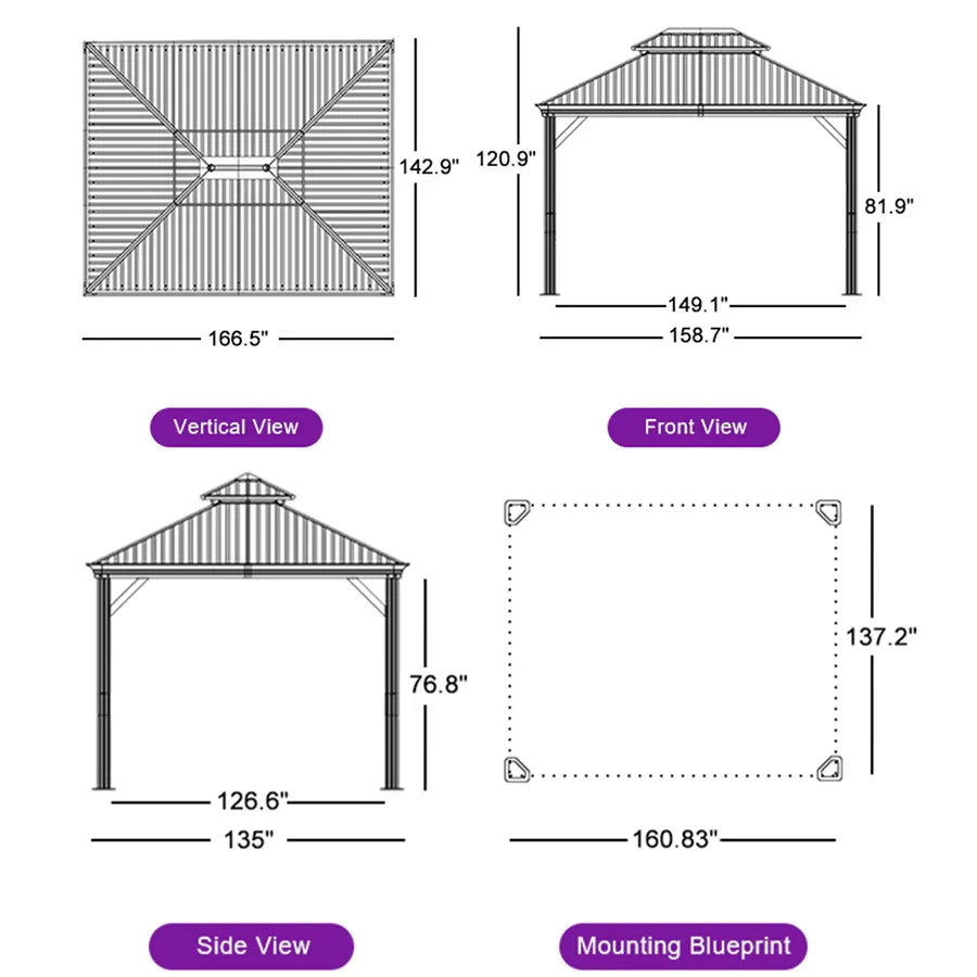 PURPLE LEAF – Pavillon à toit rigide pour terrasse, structure en aluminium effet bois avec guirlande lumineuse – clear