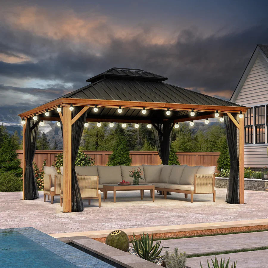 PURPLE LEAF – Pavillon à toit rigide pour terrasse, structure en aluminium effet bois avec guirlande lumineuse – clear