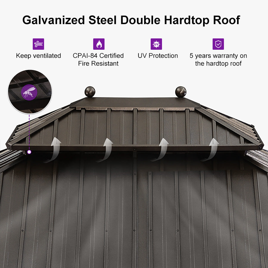 PURPLE LEAF Outdoor Hardtop Gazebo for Patio Bronze Aluminum Frame Pavilion with Navy-Blue Curtain and String Lights-clear