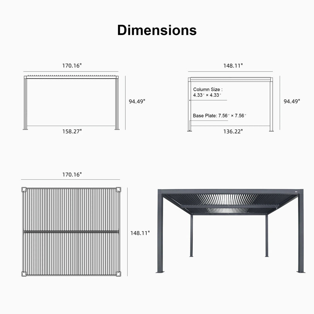 PURPLE LEAF Athena Louvered Pergola Grey Outdoor Aluminum Pergola with Solid Color Roller Blind Adjustable Gazebo for Patio Deck Garden