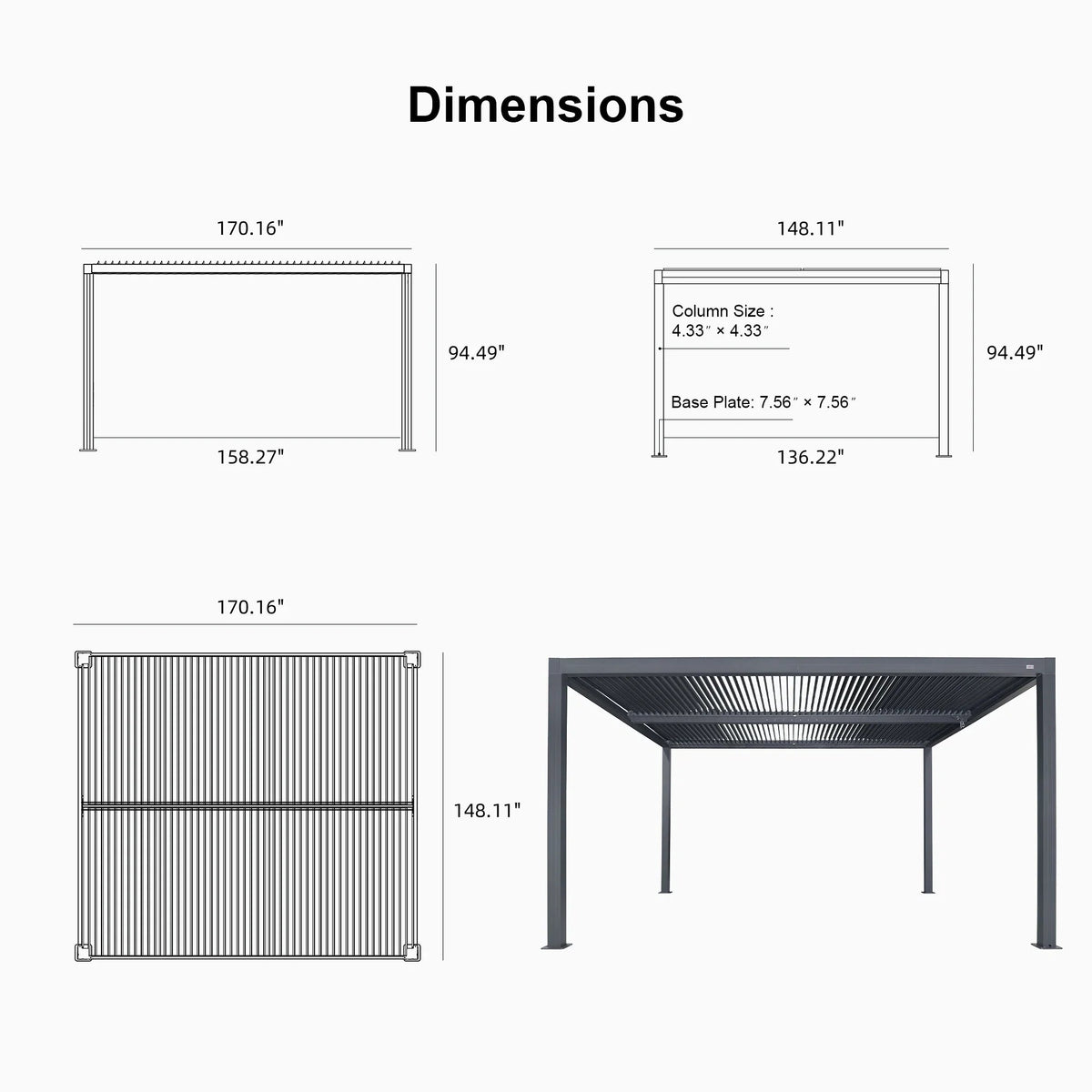PURPLE LEAF Athena Louvered Pergola Grey Outdoor Aluminum Pergola with Solid Color Roller Blind Adjustable Gazebo for Patio Deck Garden