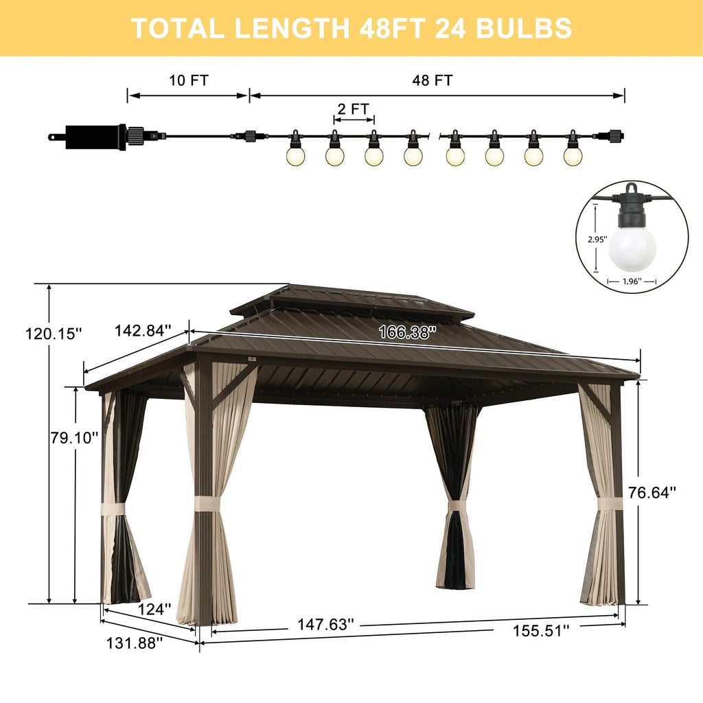 PURPLE LEAF Hardtop Gazebo Featuring Galvanized Steel Double Roof and Bronze Aluminum Frame with Curtains and Netting for Backyard with Lights-milky