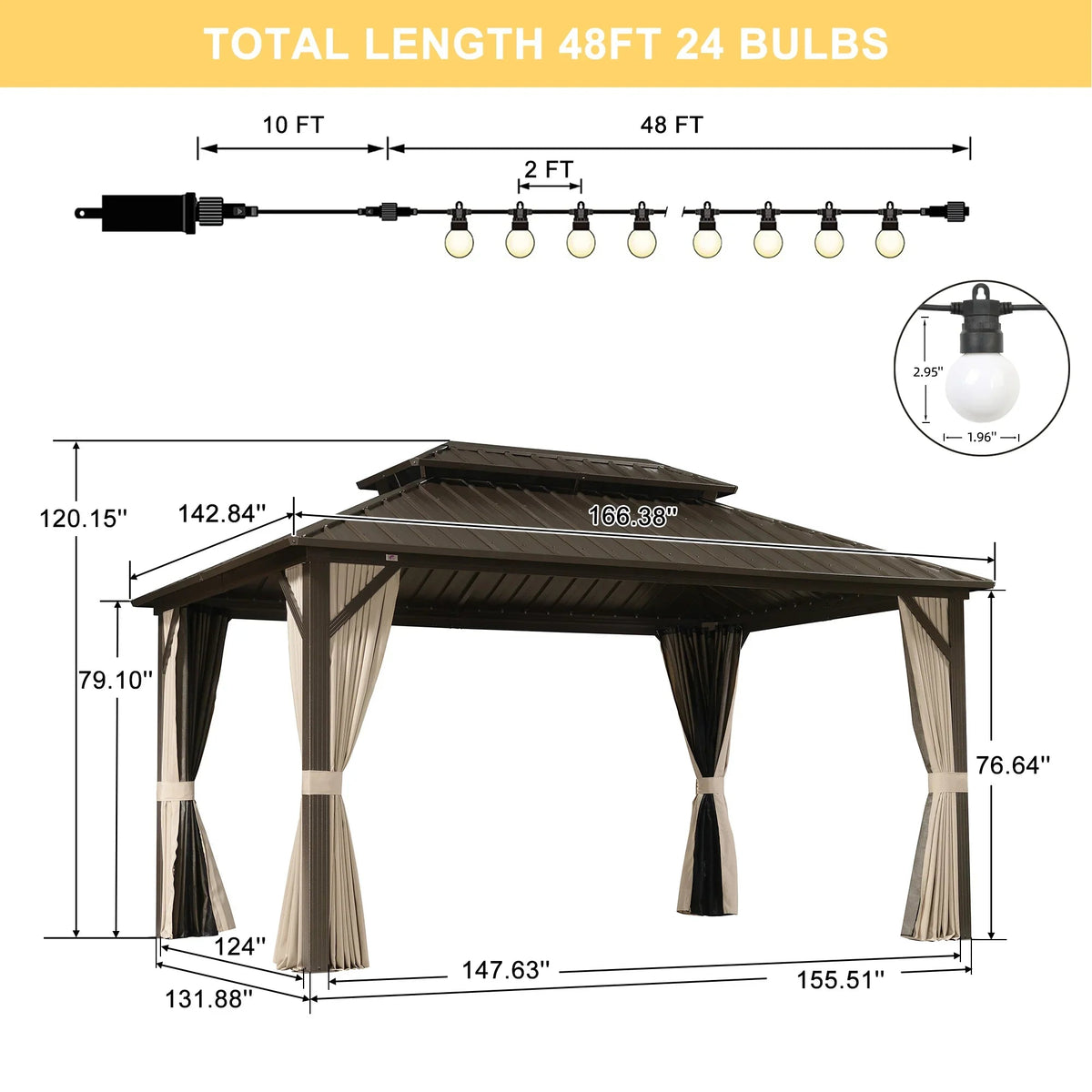 PURPLE LEAF Hardtop Gazebo Featuring Galvanized Steel Double Roof and Bronze Aluminum Frame with Curtains and Netting for Backyard with Lights-milky