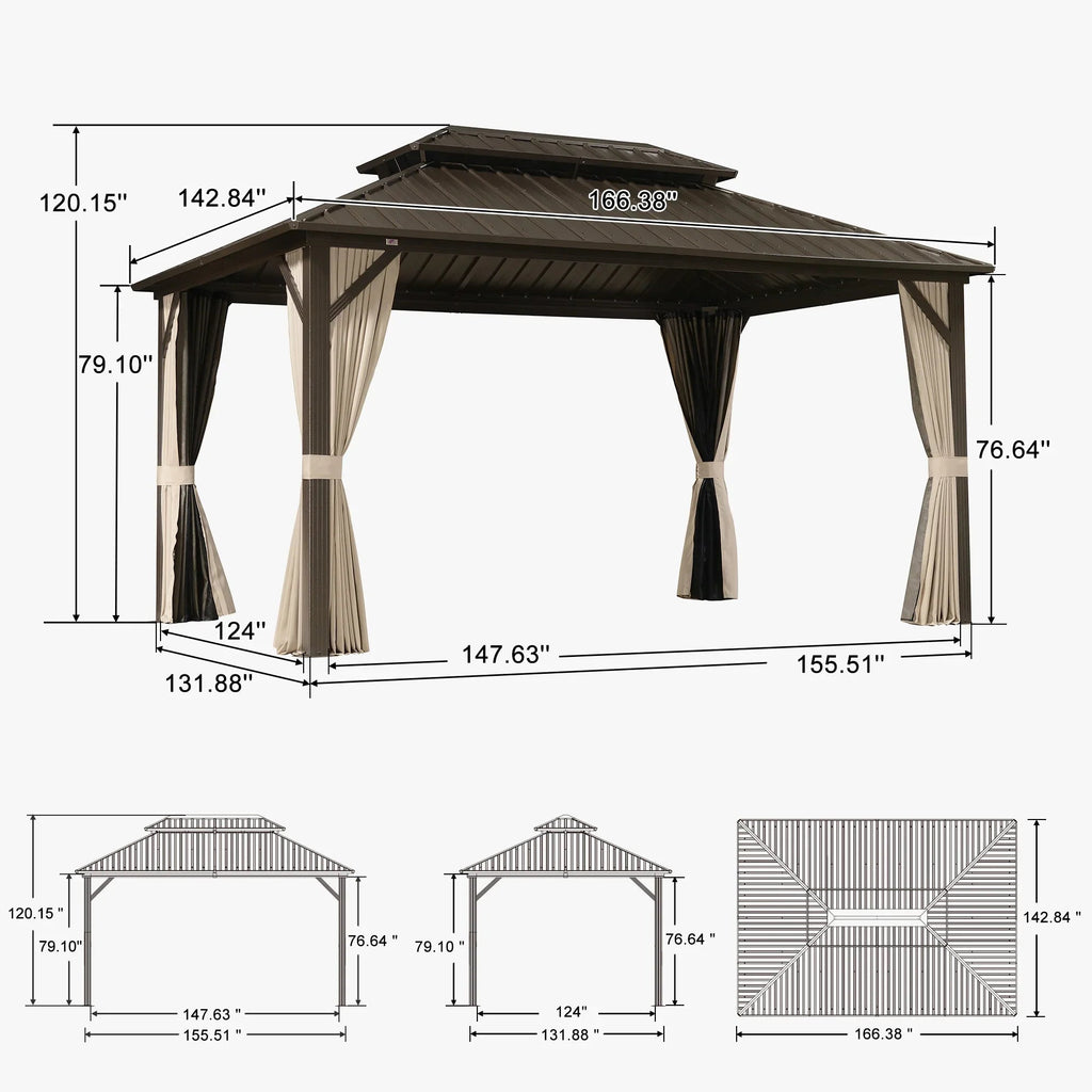 PURPLE LEAF Hardtop Gazebo Featuring Galvanized Steel Double Roof and Bronze Aluminum Frame with Curtains and Netting for Patio and Poolside