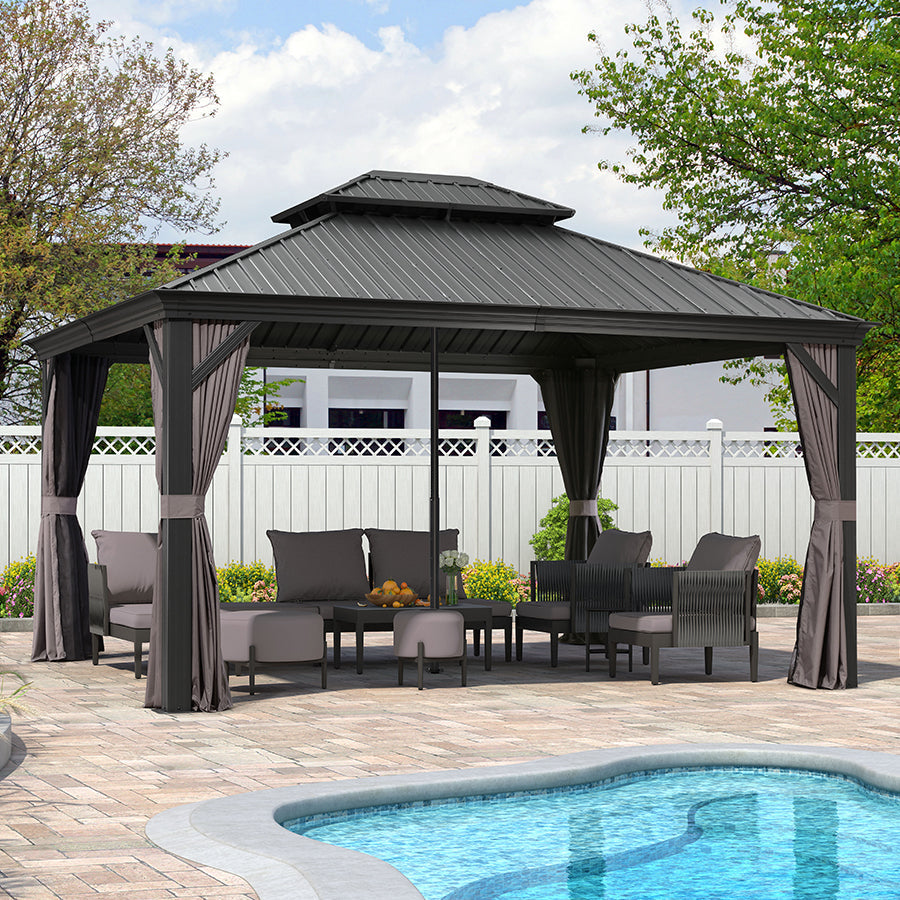 PURPLE LEAF Patio Gazebo for Backyard Grey Hardtop Galvanized Steel Roof Awning with Reinforcement Support Rod