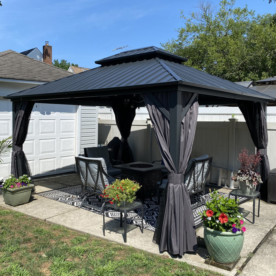 PURPLE LEAF Grey Hardtop Gazebo with Heavy Duty Galvanized Steel Double Roof with Netting and Curtains