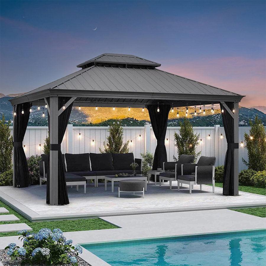 PURPLE LEAF Patio Gazebo for Pool Light Grey Hardtop Galvanized Steel Roof with String Lights-clear