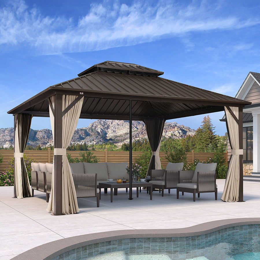 PURPLE LEAF Hardtop Gazebo Featuring Galvanized Steel Double Roof and Bronze Aluminum Frame with Curtains Netting and Reinforcement Support Rods