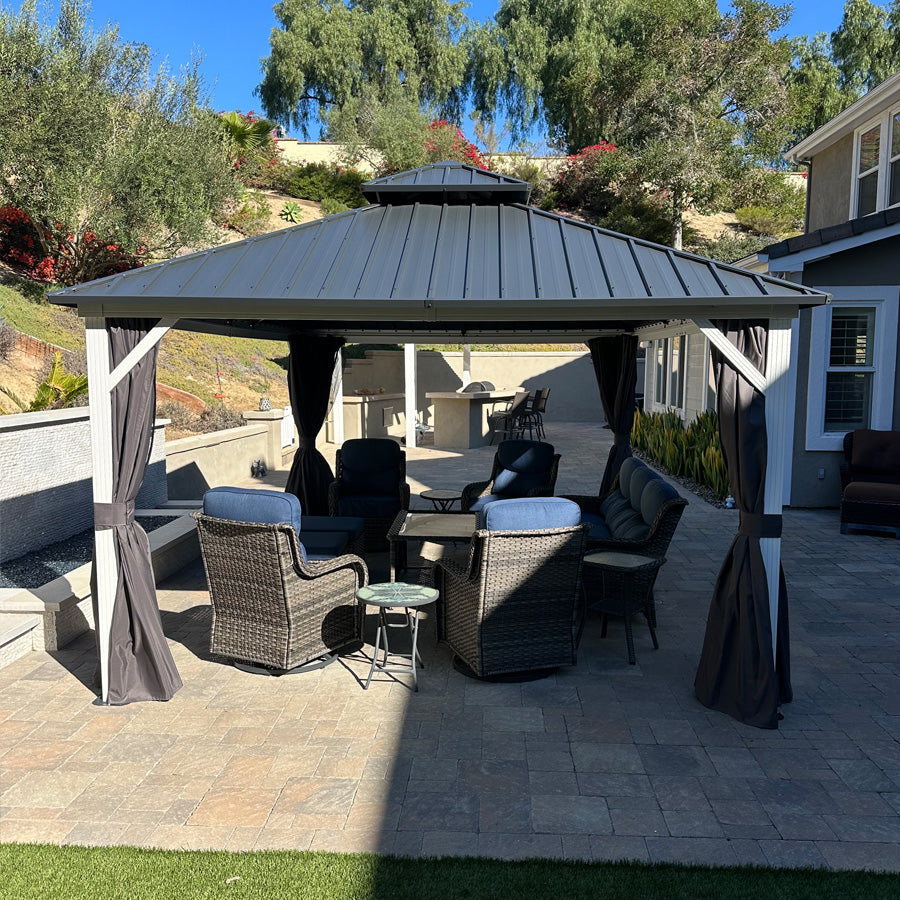 PURPLE LEAF Modern Gazebo Grey Hardtop Galvanized Steel Double Roof White Aluminum Poles with Curtains and Netting with Lights-milky