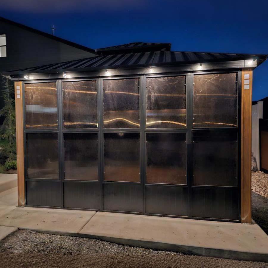 PURPLE LEAF Sunroom Hardtop Gazebo with Wood Grain Columns Black Frame Double Roof Galvanized Steel Solarium All-Weather Screen House with String Lights