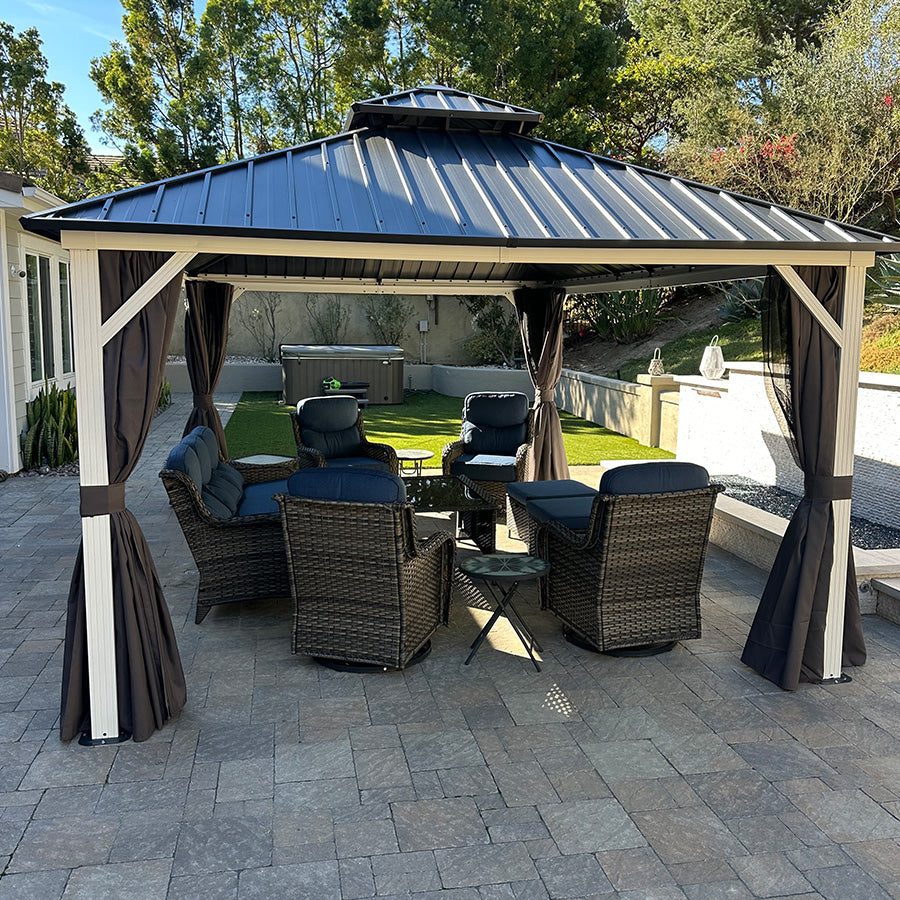 PURPLE LEAF Modern Gazebo Grey Hardtop Galvanized Steel Double Roof White Aluminum Poles with Curtains and Netting with Lights-clear