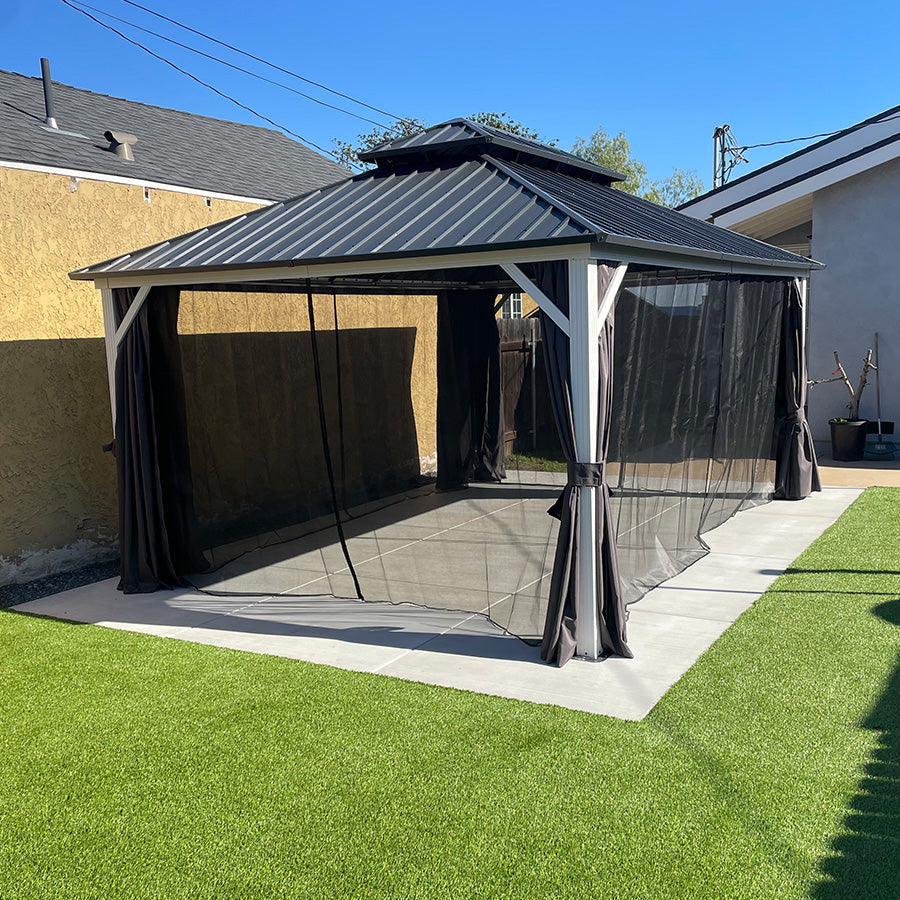 PURPLE LEAF Modern Gazebo Grey Hardtop Galvanized Steel Double Roof White Aluminum Poles with Curtains and Netting with Lights-milky