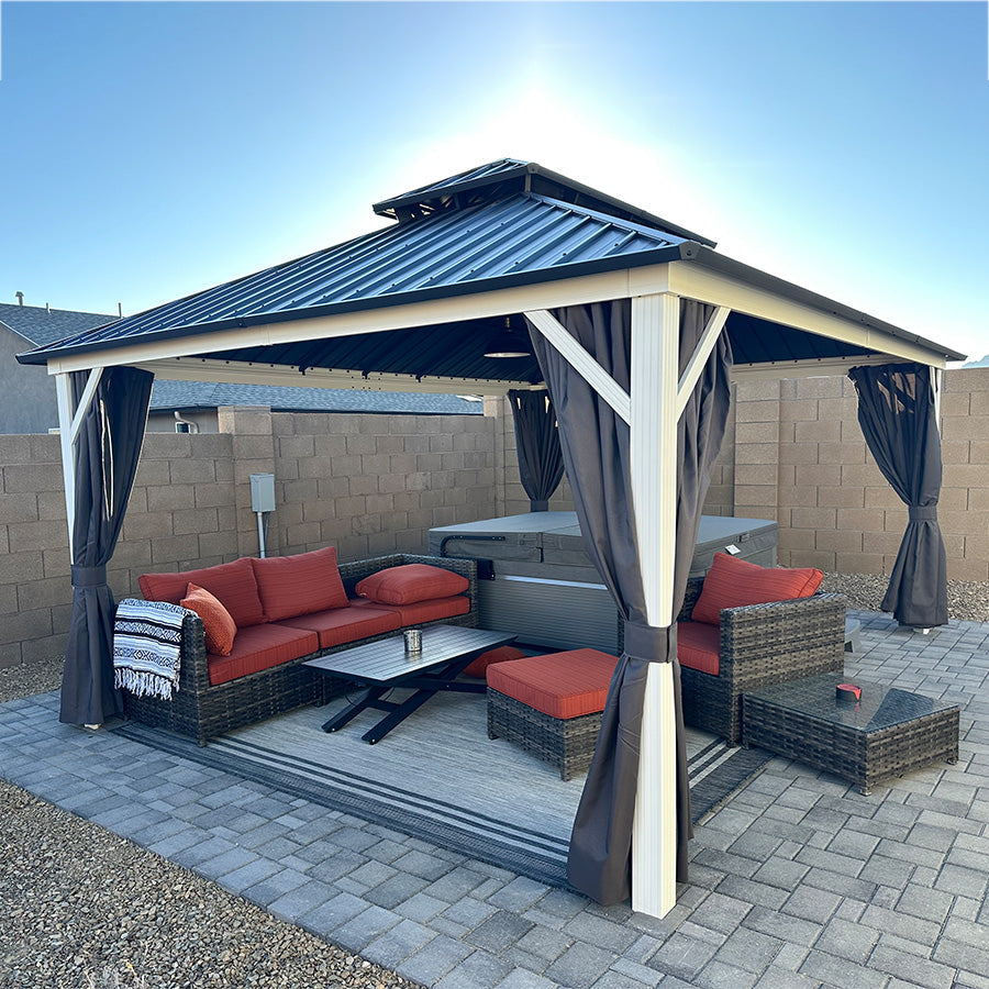 PURPLE LEAF Modern Gazebo Grey Hardtop Galvanized Steel Double Roof White Aluminum Poles with Curtains and Netting with Lights-clear