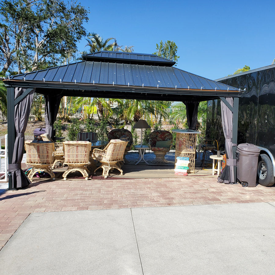PURPLE LEAF Patio Gazebo for Backyard Grey Hardtop Galvanized Steel Roof Awning String Lights-milky
