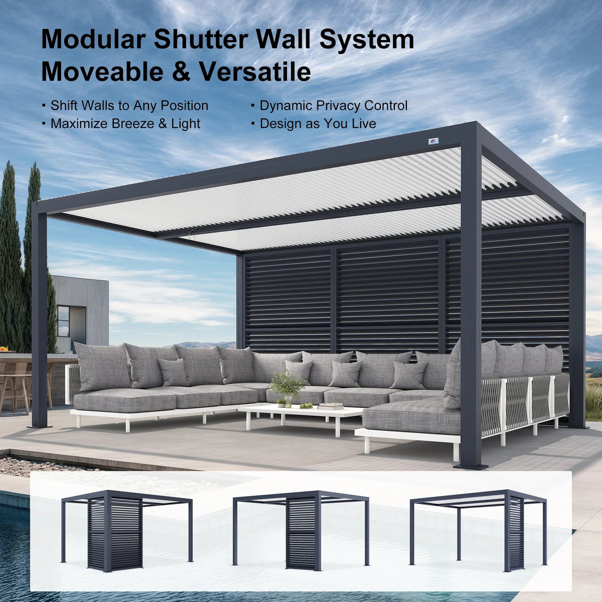 PURPLE LEAF Athena Louvered Pergola Grey Outdoor Aluminum Pergola with Shutter Wall Adjustable Gazebo Rainproof for Patio Deck Garden