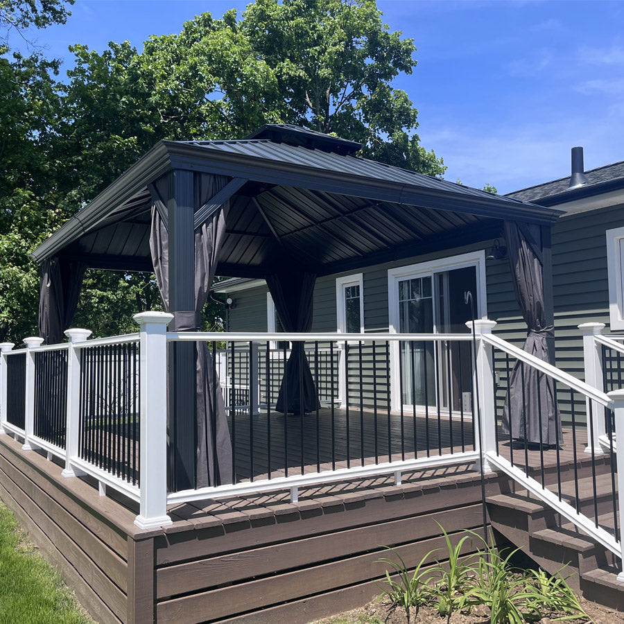 PURPLE LEAF Patio Gazebo for Backyard Grey Hardtop Galvanized Steel Roof Awning with String Lights-clear
