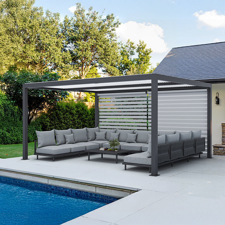 PURPLE LEAF Athena Louvered Pergola Grey Outdoor Aluminum Pergola with Roller Blinds Adjustable Gazebo Rainproof for Patio Deck Garden