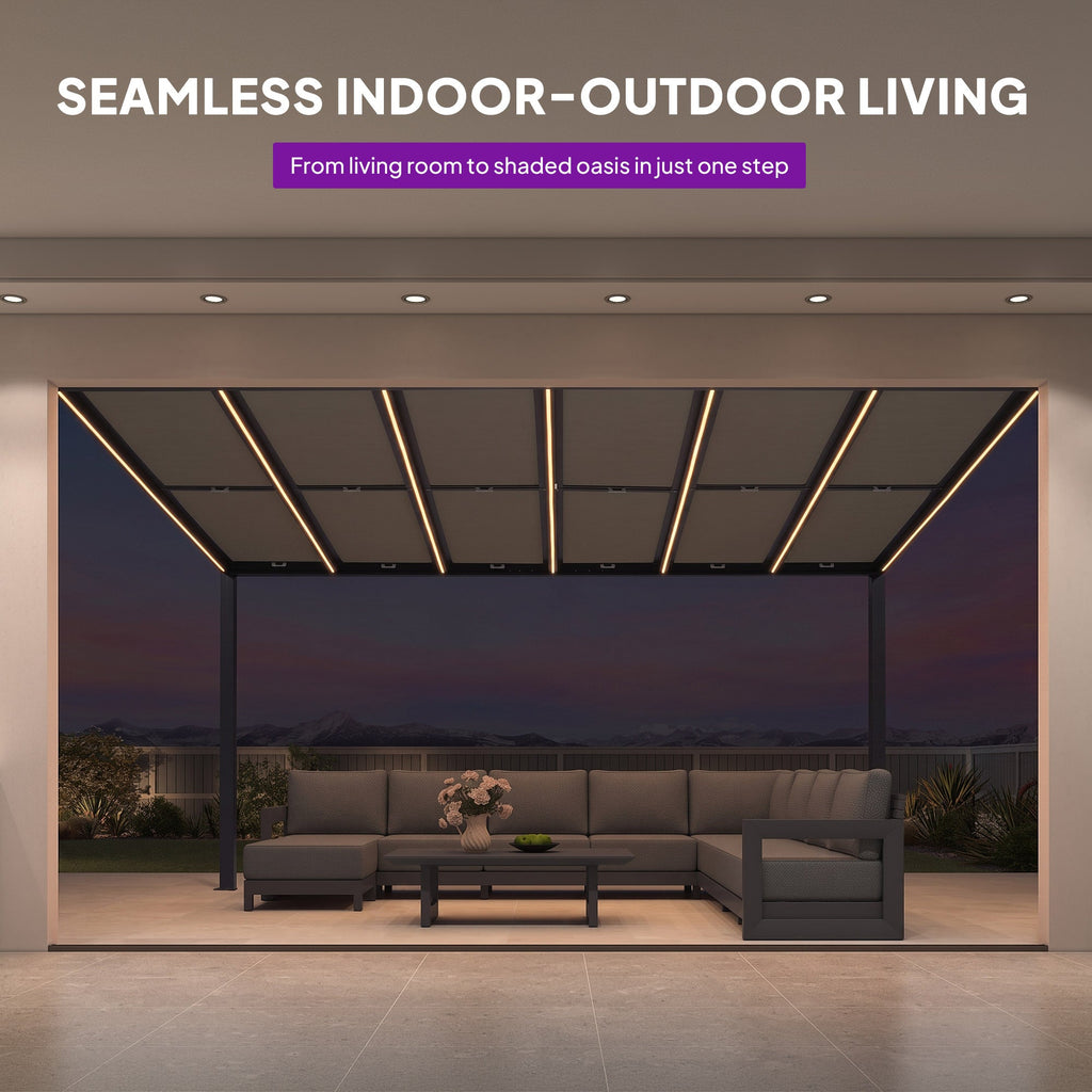 PURPLE LEAF Wall Mounted Gazebo with Gray Polycarbonate Roof Aluminum Frame Patio Cover with Retractable Pleated Shades and LED Strip Light