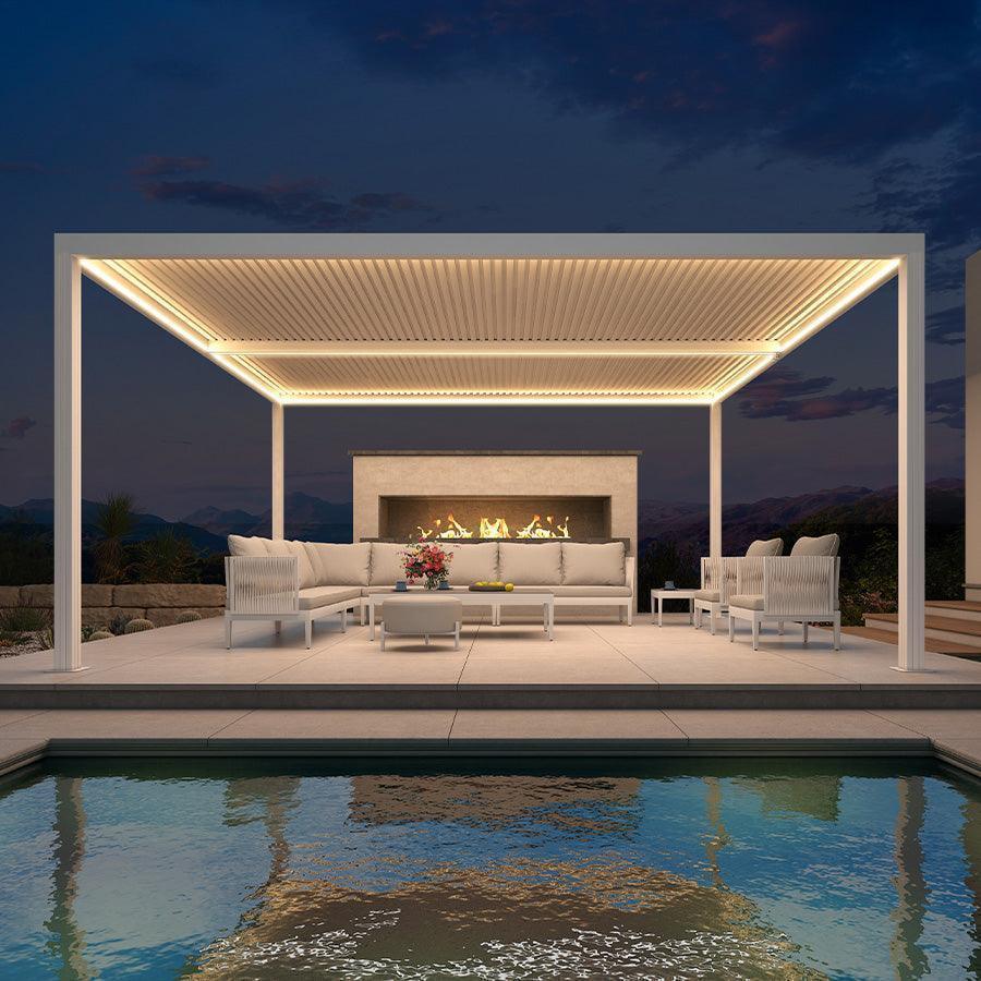 PURPLE LEAF Athena Louvered Pergola White Outdoor Aluminum Pergola with Strip Lights Adjustable Gazebo for Patio Deck Garden