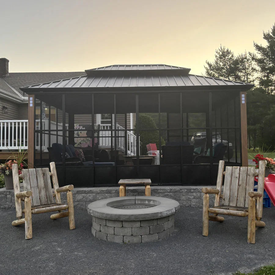 PURPLE LEAF Sunroom Hardtop Gazebo with Wood Grain Columns Black Frame Double Roof Galvanized Steel Solarium All-Weather Screen House with String Lights