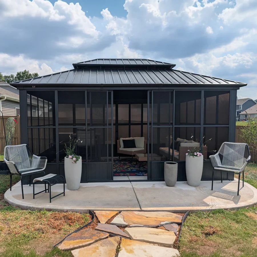 PURPLE LEAF Sunroom Hardtop Gazebo Solarium Grey Galvanized Steel Double Roof  All-Weather Aluminum Outdoor Screen House