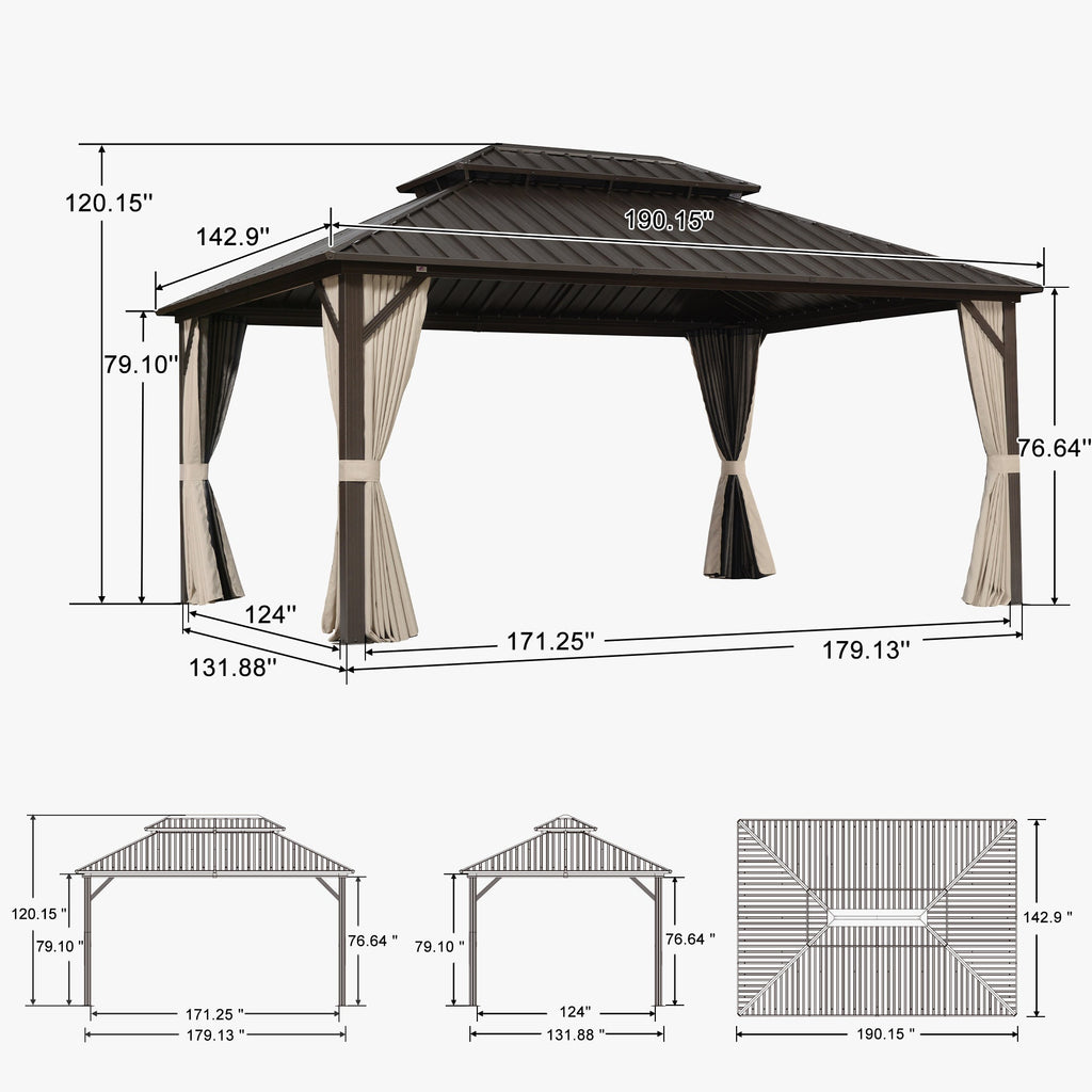 PURPLE LEAF Hardtop Gazebo Featuring Galvanized Steel Double Roof and Bronze Aluminum Frame with Curtains Netting and Reinforcement Support Rods