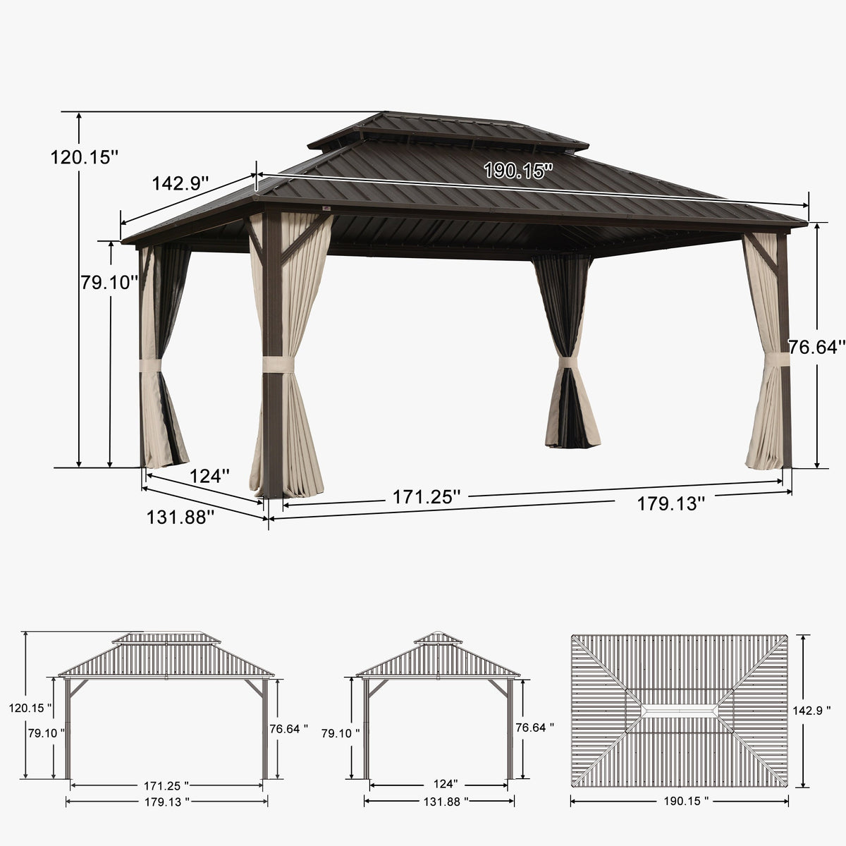 PURPLE LEAF Hardtop Gazebo Featuring Galvanized Steel Double Roof and Bronze Aluminum Frame with Curtains Netting and Reinforcement Support Rods