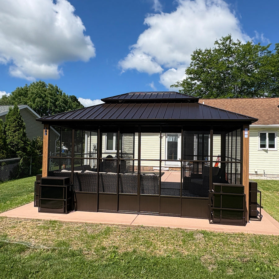 PURPLE LEAF Bronze Frame Sunroom Hardtop Gazebo Solarium Wood Grain Columns Galvanized Steel Double Roof All-Weather Screen House