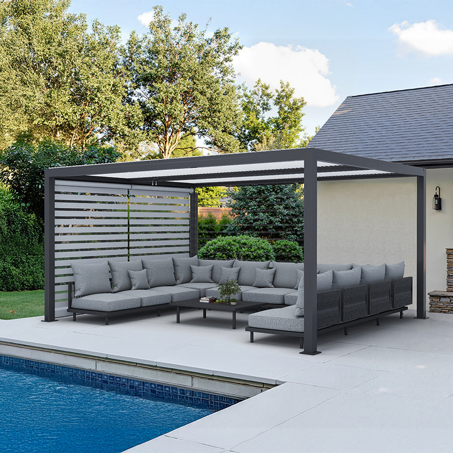 PURPLE LEAF Athena Louvered Pergola Grey Outdoor Aluminum Pergola with Roller Blinds Adjustable Gazebo Rainproof for Patio Deck Garden